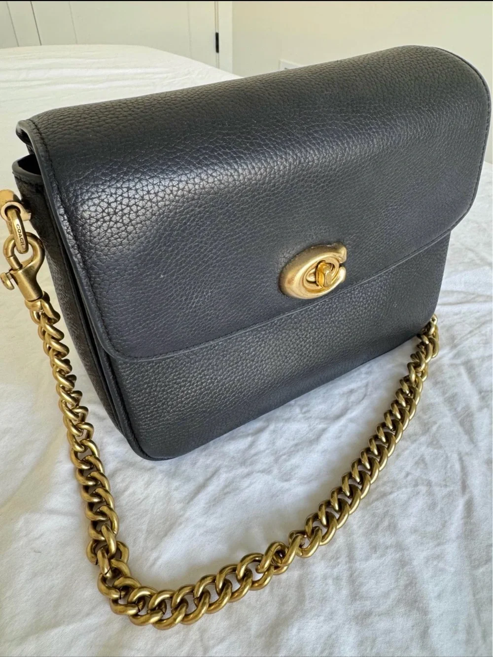 Coach Cassie 19 bag Black Pebbled Leather purse 3 strap optional Gold Chain